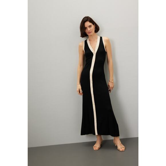 SANDRO Black White Ribbed Knit Beige Button Placket Gabriel Maxi Dress Size 38 - Picture 3 of 16